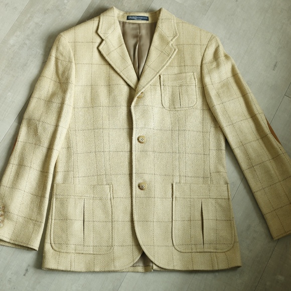 Boys Blazer Polo Ralph Lauren Linen Silk Blend Windowpane Beige Camel Size 10 - Picture 1 of 6